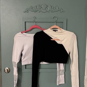 Fashion Nova Black and White Asymmetrical Top and White top w/ sleeve mesh